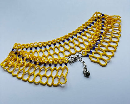 Comely UA Silyanka "Bee Nest" yellow beaded lace choker with blue accents and silver clasp. Modern interpretation of Ukrainian beaded lace.