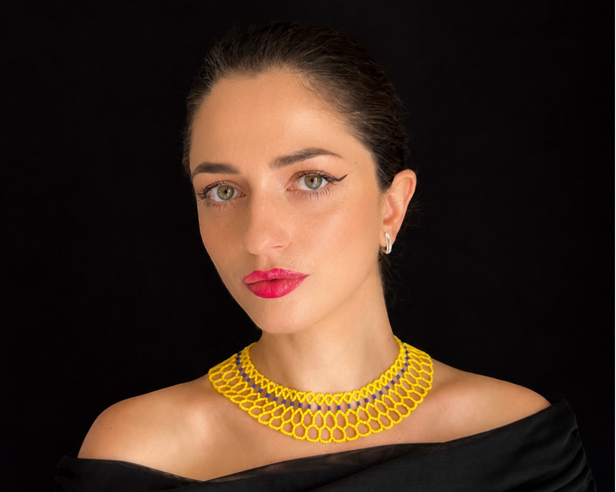Comely UA Silyanka "Bee Nest" yellow and blue beaded lace necklace with openwork design, inspired by Ukrainian beadwork.