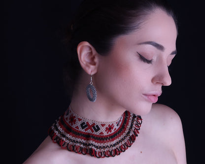 Comely UA Silyanka Heritage of Pokuttia beaded choker necklace with red, black, and cream diamond and cross motifs, paired with matching hoop earrings.
