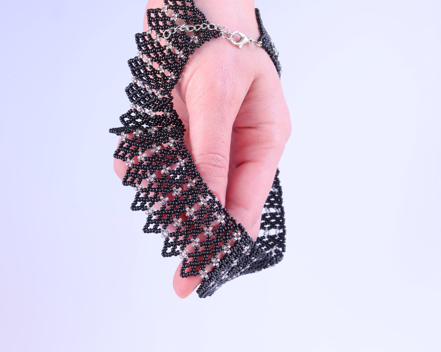 Comely UA Silyanka "Veil" beaded necklace in black and silver with geometric pattern, adjustable clasp.