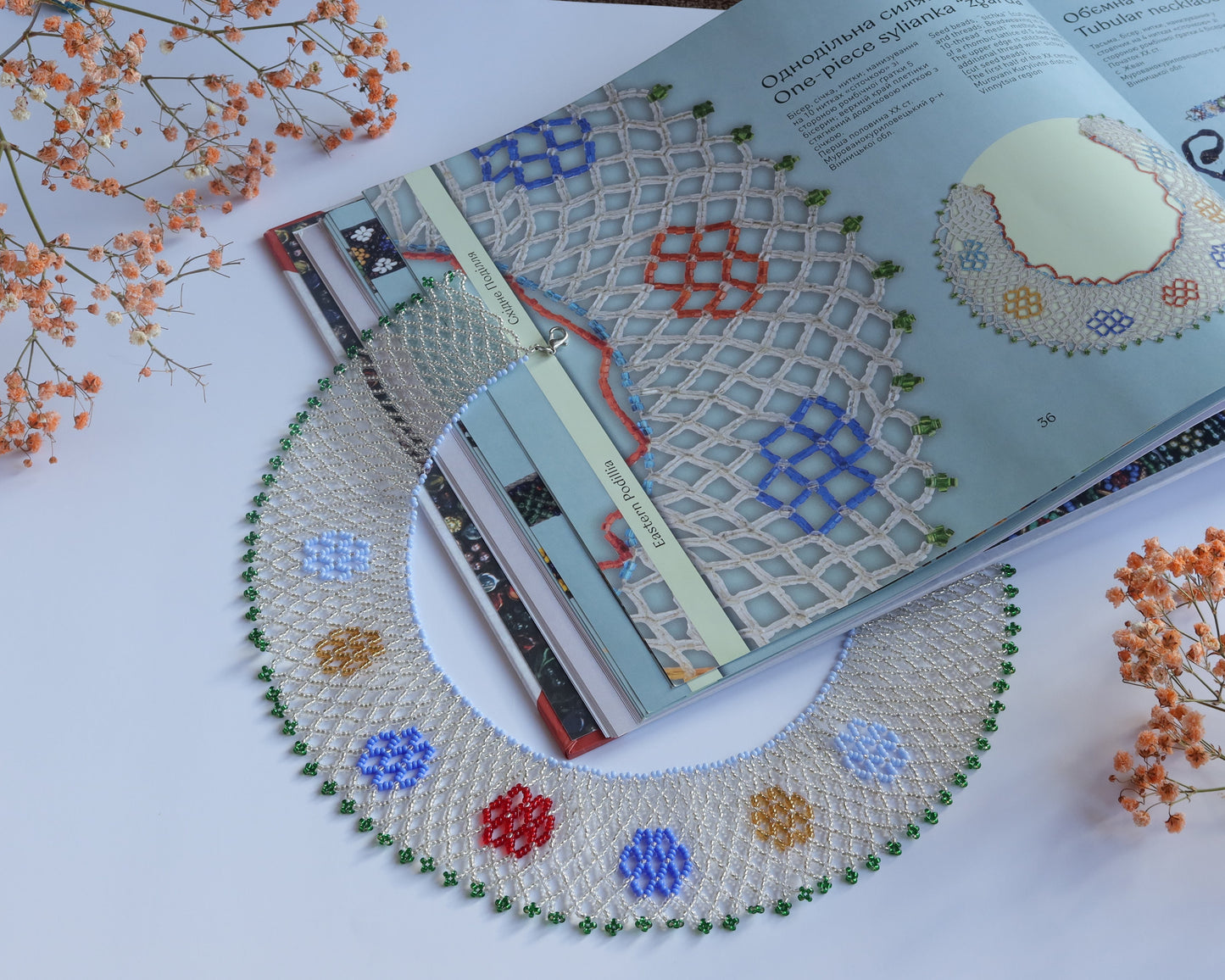 Comely UA Silyanka Zharda beaded necklace, white mesh with red, blue, yellow, and green floral motifs. Replica of historical Ukrainian jewelry.