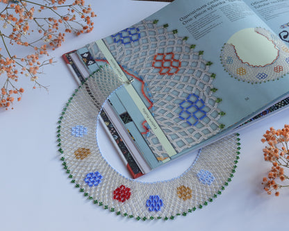 Comely UA Silyanka Zharda beaded necklace, white mesh with red, blue, yellow, and green floral motifs. Replica of historical Ukrainian jewelry.