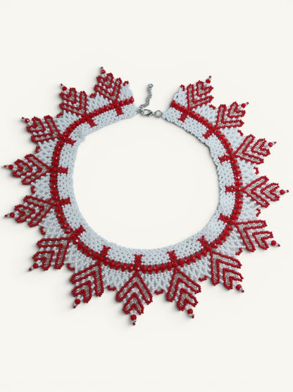 Comely UA "Zakhrava" beaded necklace in white and red with jagged sunray design. Czech seed beads.