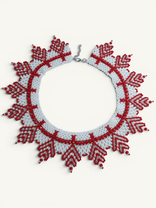 Comely UA "Zakhrava" beaded necklace in white and red with jagged sunray design. Czech seed beads.
