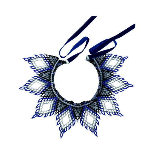 Decorative collar with blue and black pattern on a white background